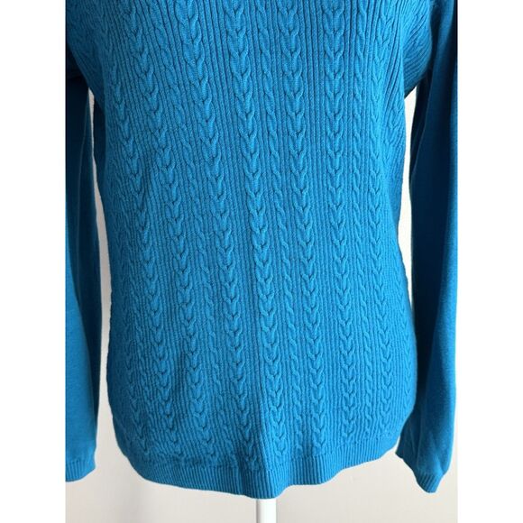 Talbots Cable Knit Sweater Lightweight V Neck Teal Blue Cotton Knit Preppy Large - Picture 8 of 16